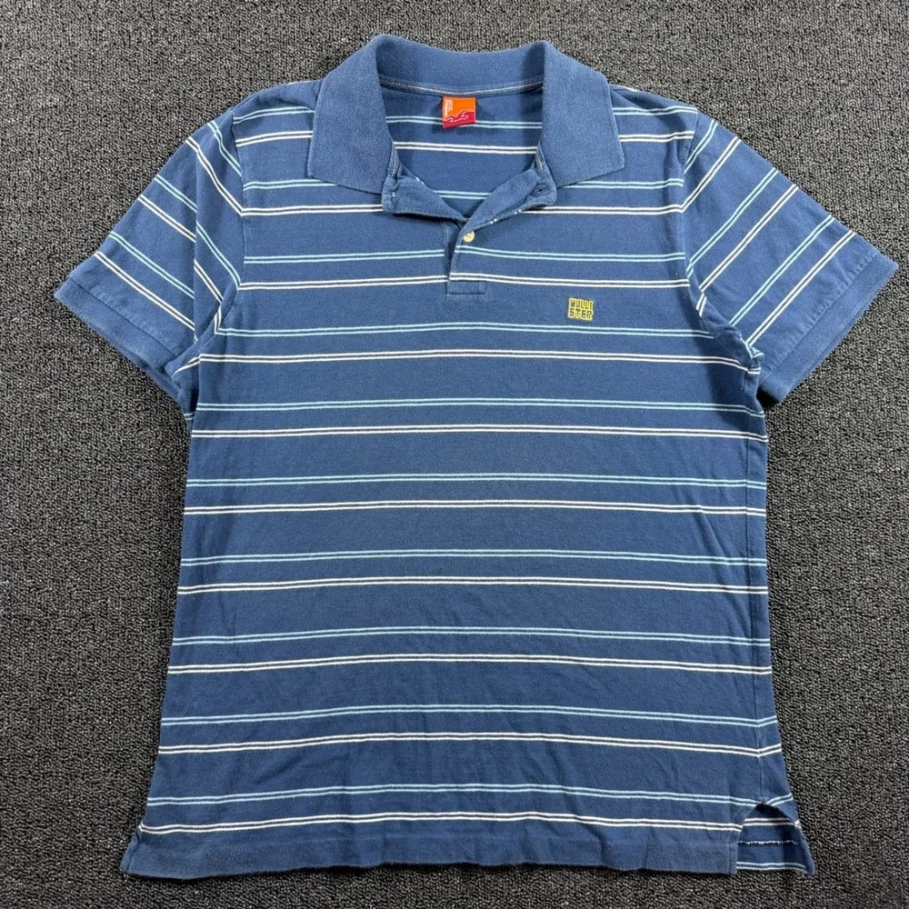 Vintage HCO Hollister Men's XXL Blue Striped Short‎ Sleeve Polo Shirt Y2K Surf